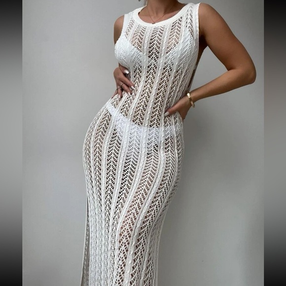 Boho Crochet Lace Sheer Mesh Hollow Out Split Beach Cover Up Dress - Picture 4 of 6